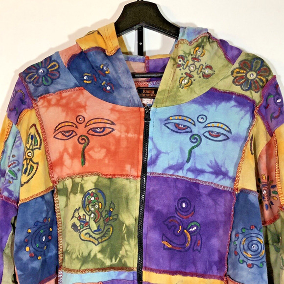Rising International Hoodie Hippie Boho Art Sweatshirt Jacket Medium Zip Pockets - Picture 5 of 8